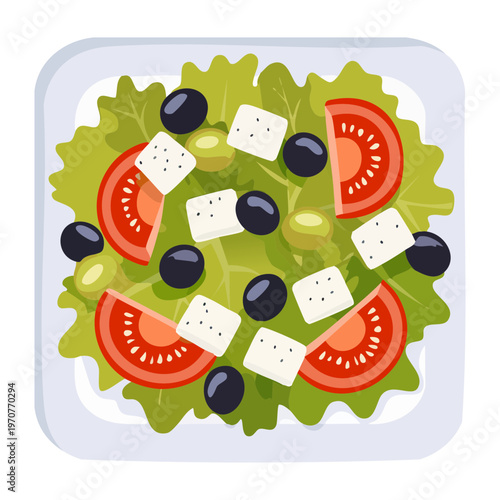 Healthy greek salad with feta cheese and fresh vegetables for mediterranean diet and nutrition concept illustration - Vector Illustration