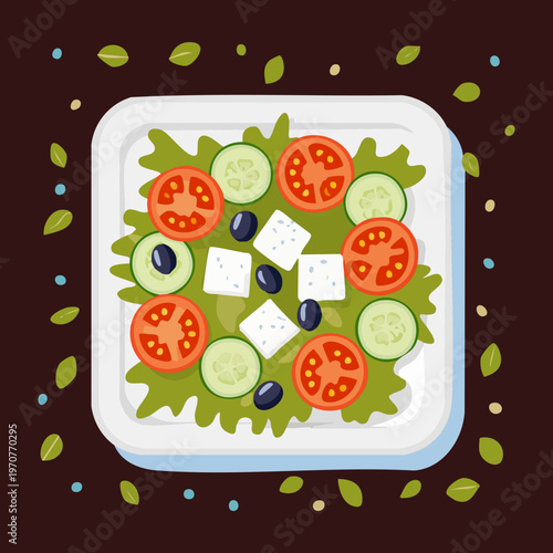 Fresh mediterranean salad with feta cheese and vegetables for healthy and nutritious vegetarian lunch design art - Vector Illustration