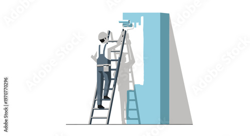 Professional House Painter on Ladder Painting Wall Vector Illustration