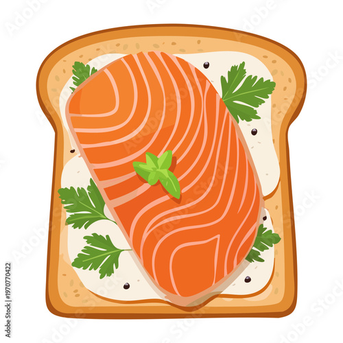 Delicious salmon avocado toast with cream cheese and fresh herbs on crunchy bread for healthy breakfast meal - Vector Illustration