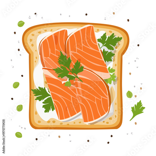 Smoked salmon toast with fresh parsley garnish and seeds on top for gourmet healthy eating lifestyle choice - Vector Illustration