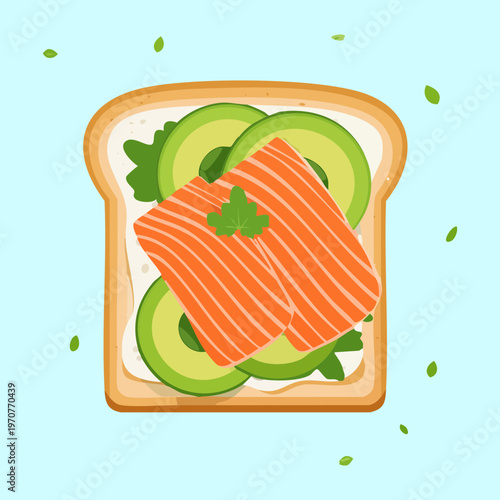 Toasted bread with salmon and avocado slices seasoned with fresh herbs for a delicious protein rich breakfast - Vector Illustration