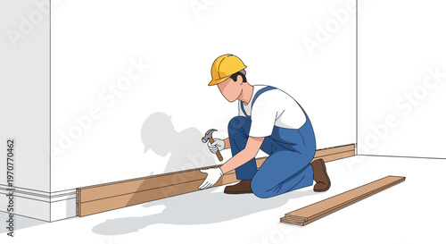 Professional handyman installing wooden skirting board or laminate flooring. Minimalist vector illustration of home renovation and carpentry services.