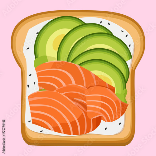 Healthy salmon toast with multiple layers of fresh avocado and herbs for a perfect morning wellness meal - Vector Illustration