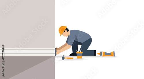 Professional Handyman Installing Baseboard Skirting in Home Interior Renovation, Flat Vector Illustration