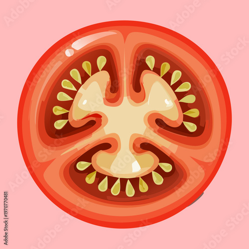 Healthy red tomato cross section with seeds and juice for cooking blog graphics and organic produce designs - Vector Illustration