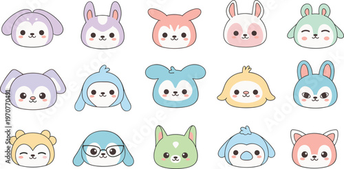 Kawaii Animal Face Avatar Icon Set Featuring Cute Pastel Rabbits Bears Puppies and Kittens for Kids Profile Pictures and Social Media Stickers