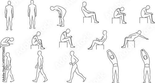 Minimalist human body posture icons, set of 15 outline vector silhouettes showing standing, sitting, and walking poses, ergonomic body movement diagrams