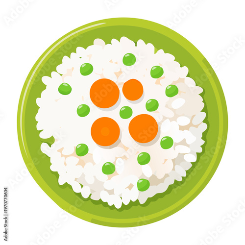 Bowl of white rice with peas and carrots for healthy meal and balanced diet nutrition food graphics - Vector Illustration