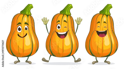 Butternut squash character showing different happy emotions