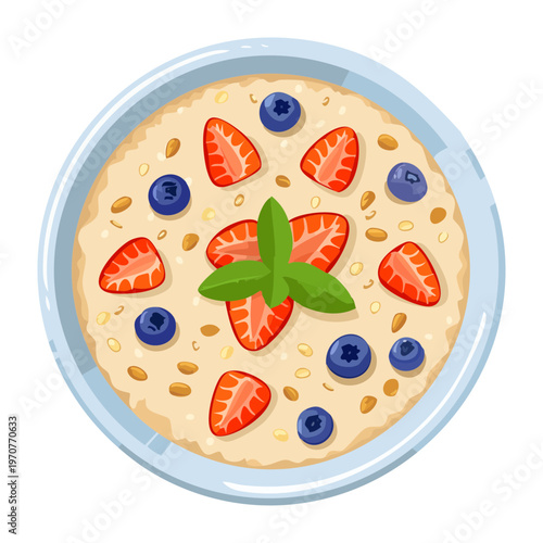 Healthy porridge bowl with berries and mint leaves for nutritious breakfast and wellness lifestyle food menu design - Vector Illustration