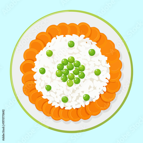 Healthy rice bowl with green peas and orange carrot bits for nutritious lunch and balanced diet meal - Vector Illustration