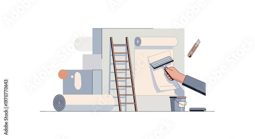 Professional Wallpaper Installation Vector Illustration - Home Renovation and Interior Design Concept with Decorating Tools, Ladder, and Smoothing Tool
