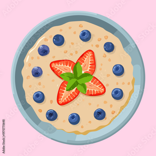 Oatmeal bowl with fresh strawberries and blueberries for healthy morning breakfast and nutritious energy meal prep - Vector Illustration