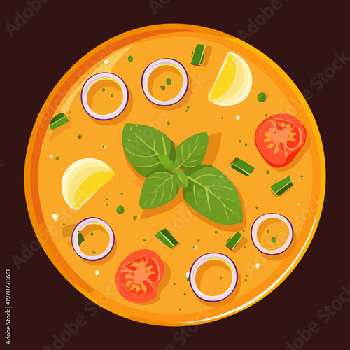 Healthy carrot and tomato soup bowl with basil leaves for nutritious dinner and organic meal prep graphics - Vector Illustration