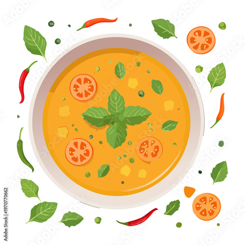 Nutritious orange vegetable soup with fresh seasonings and herbs for healthy eating and warm comfort food menu - Vector Illustration