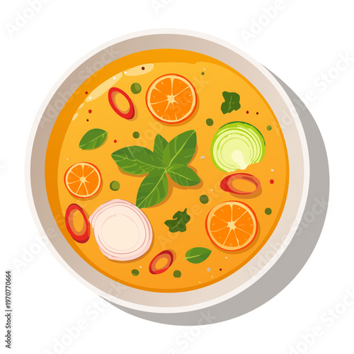 Warm vegetable soup with fresh herbs and healthy ingredients for nutritious lunch and cozy dinner menu design - Vector Illustration