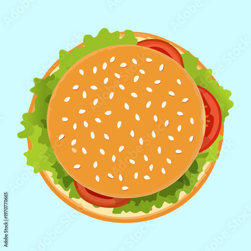 Gourmet beef burger with fresh lettuce and tomato slices for tasty dinner and restaurant fast food menu - Vector Illustration