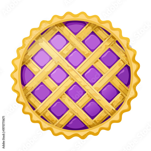 Purple berry lattice pie with golden crust for traditional dessert and sweet bakery shop menu illustration items - Vector Illustration