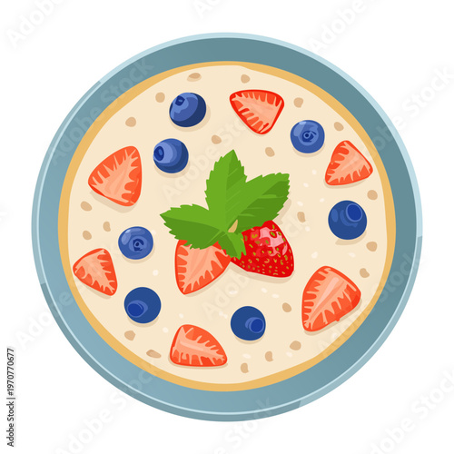 Delicious oatmeal bowl topped with strawberries and blueberries for healthy breakfast and nutritious organic meal graphics - Vector Illustration