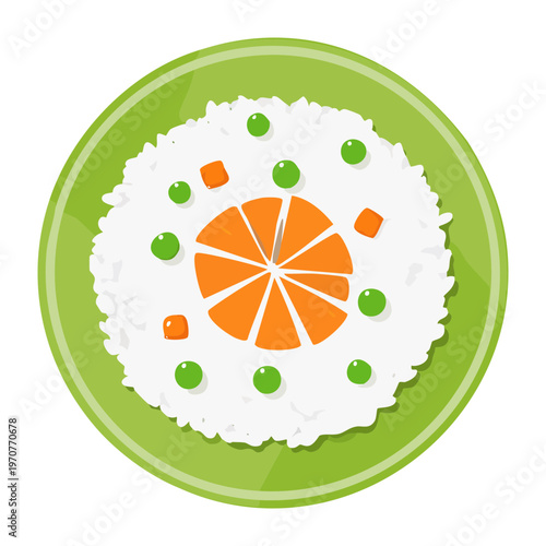 Steamed rice bowl with carrots and peas for simple healthy side dish and organic meal prep graphics - Vector Illustration