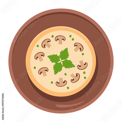 Mushroom creamy soup with fresh herbs and seasonings for healthy lunch and nutritious warm comfort food meal - Vector Illustration