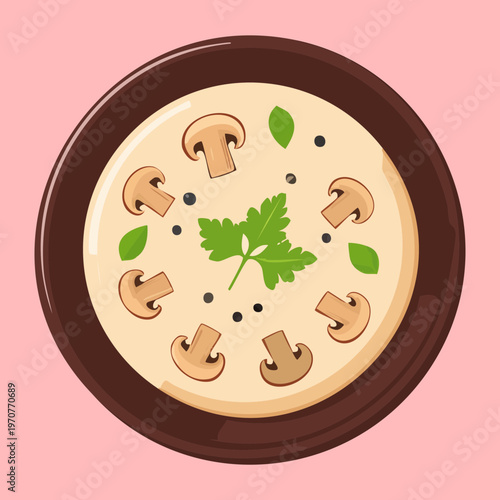 Nutritious mushroom soup bowl with parsley garnish for healthy dinner and organic meal prep menu design graphics - Vector Illustration