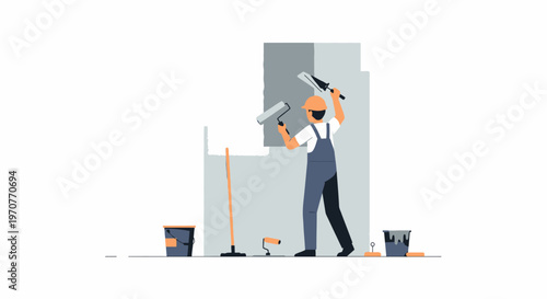 Professional Construction Worker or Painter Renovating Interior Wall with Paint Roller and Trowel Vector Illustration