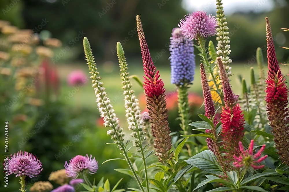 Obraz premium Vibrant flower spikes in garden with soft background bokeh and natural lighting