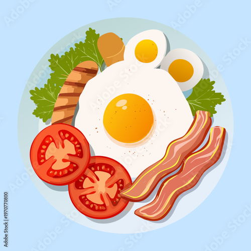 Nutritious breakfast dish with egg sausages and bacon for high protein morning meal and restaurant menu design - Vector Illustration