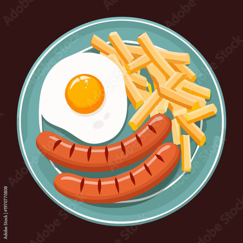 Hearty breakfast dish with egg sausages and crispy fries for delicious morning meal and cafe food graphics - Vector Illustration