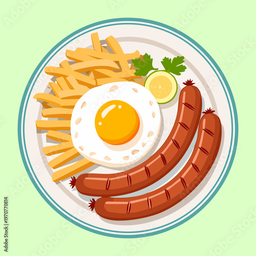 Tasty breakfast meal with egg sausages and french fries for hearty morning dining and restaurant menu illustration - Vector Illustration