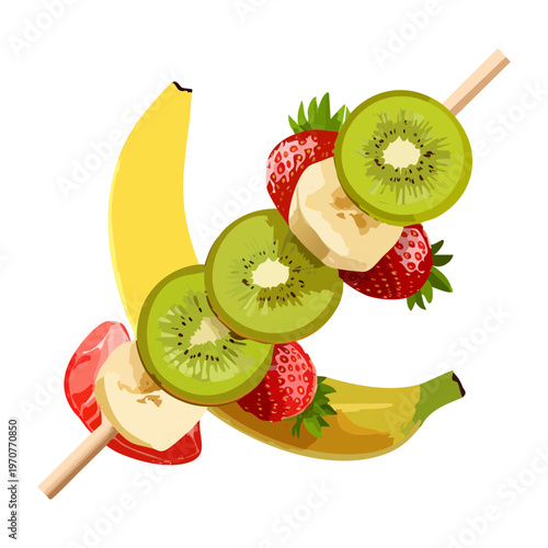 Healthy fruit skewer with banana kiwi and strawberry for nutritious snack and tropical party food menu design - Vector Illustration