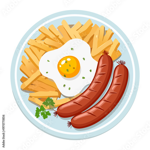 Delicious breakfast plate with fried egg sausages and fries for high energy morning meal and menu design - Vector Illustration