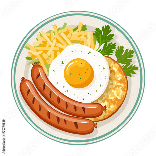 Breakfast platter with fried egg sausages and french fries for hearty morning meal and restaurant menu design - Vector Illustration