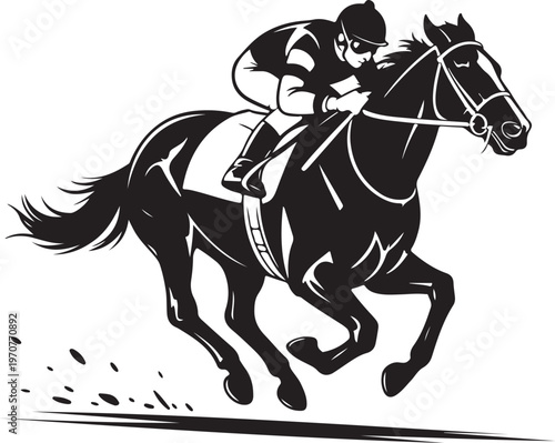 Dynamic black silhouette of racehorse with jockey galloping in a race