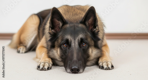 Dog lying down on floor with a calm expression indoors  