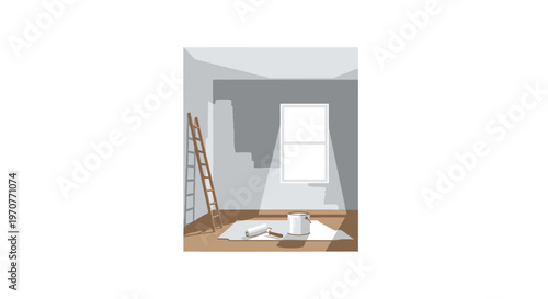 Room Renovation Concept Illustration with Paint Tools and Ladder in Empty Interior