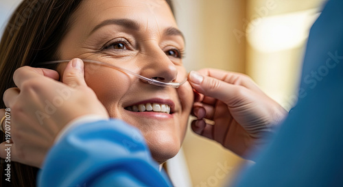 Woman smiling while receiving oxygen therapy in a medical setting  