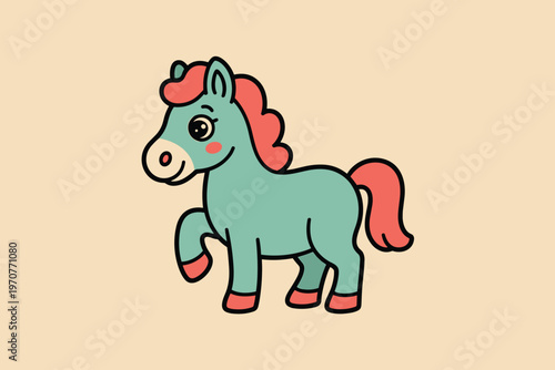 Cartoon Horse Standing with Raised Hoof Playful Pose Flat Vector Illustration Isolated on Cream Background