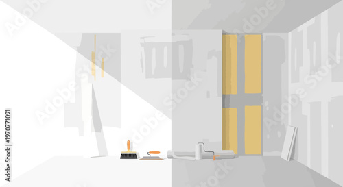 Minimalist Illustration of Room Interior Renovation with Painting Tools, Wallpapering, and Wall Preparation Concept for Home Improvement and DIY Projects