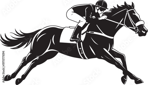 Jockey riding a horse in a race, black and white illustration