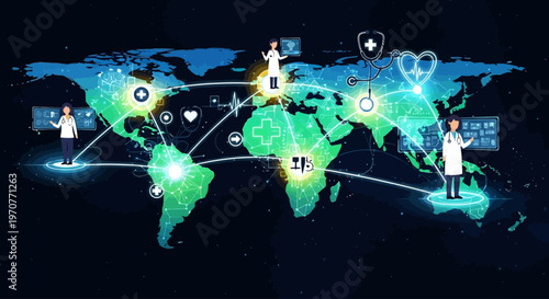 global healthcare network vector illustration with doctors and medical symbols flat design