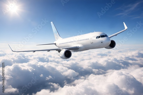 A white commercial airplane flies above a vast sea of fluffy white clouds under a bright sun and clear blue sky.