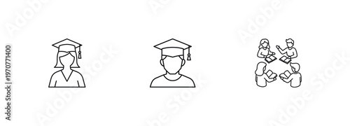 Three line vector icons depicting graduation cap on female and male student, and group of students in a study circle, isolated on white background.