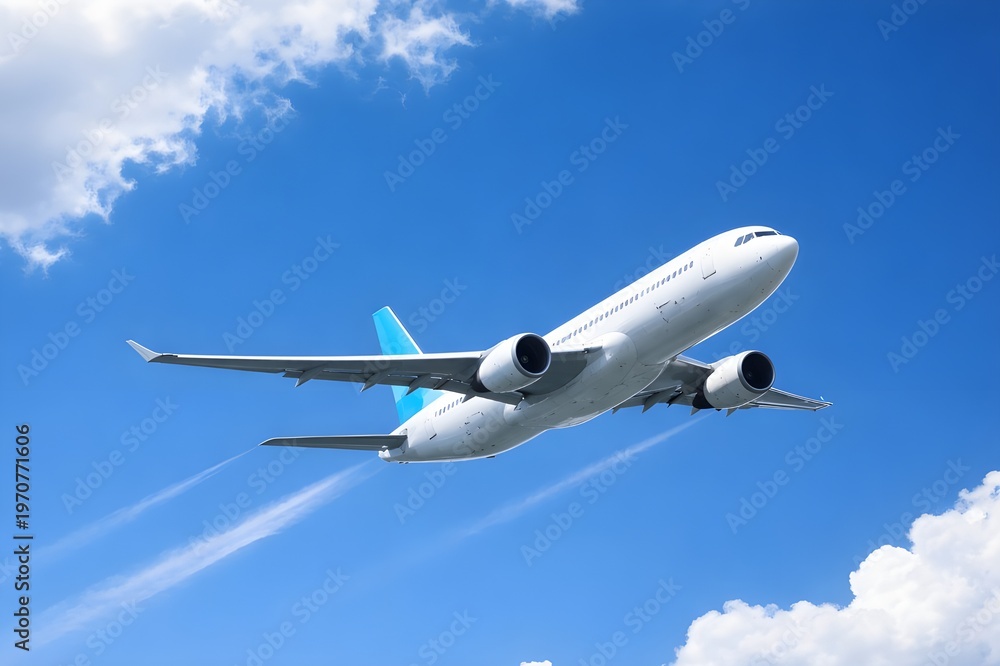 Fototapeta premium A large white commercial jet airplane with a blue tail soars through a bright blue sky filled with scattered white clouds and contrails.