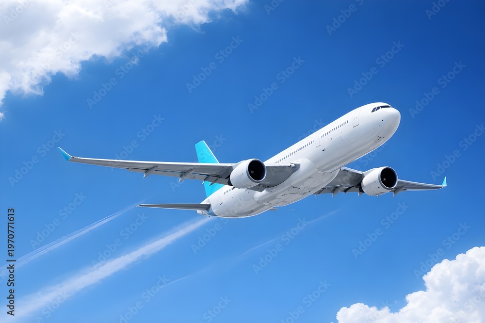 Obraz premium A white commercial airplane ascends into a bright blue sky filled with soft white clouds and visible vapor trails from its powerful engines.