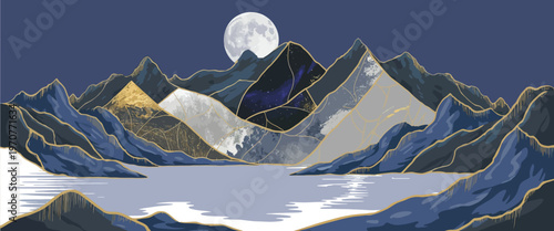 Luxury Golden Mountain Line Art Landscape Wallpaper Vector with Elegant Minimal Background for Cover, Invitation, Packaging Design, Fabric Print and Modern Decorative Use