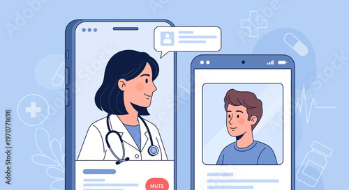 doctor consulting patient via video call on smartphone flat design vector illustration