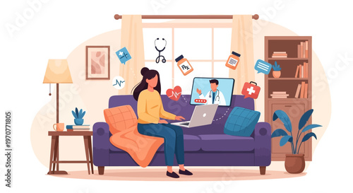 woman working from home on laptop with video call vector illustration